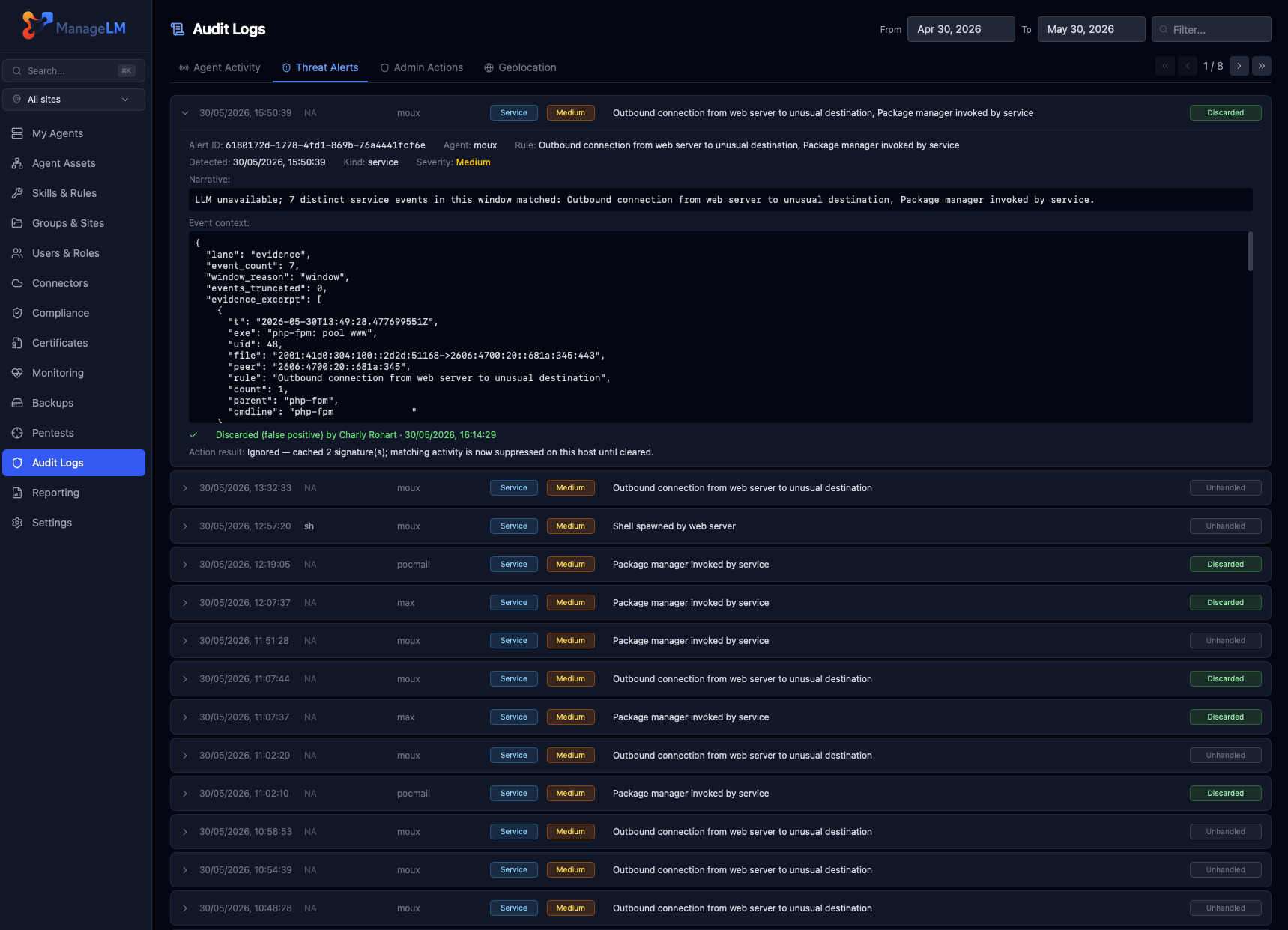 ManageLM Threat Detection — real-time, AI-narrated alerts for compromised services and risky user sessions